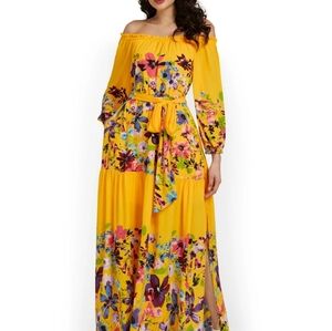 NY&Co. Yellow, Multi Color Floral, Maxi Triple Tier, Off the Shoulder Dress